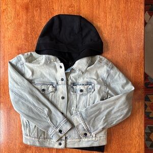 Athleta cropped denim jacket with hooded insert